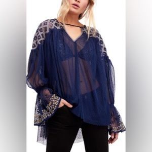 Free People XS Joyride Knit Sheer Embroidered Tunic navy blue long sleeve top